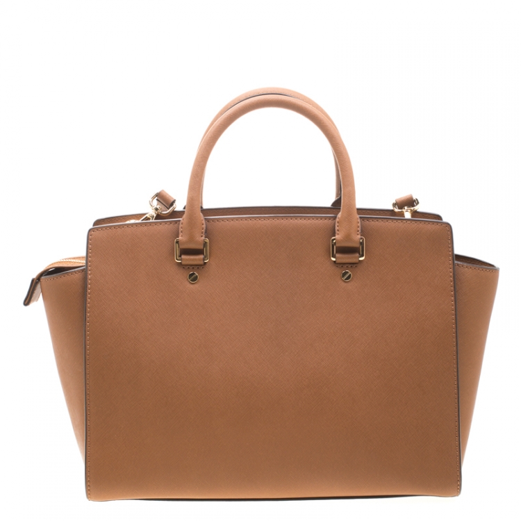 Pre Owned MICHAEL Michael Kors Tan Saffiano Leather Large Selma Satchel