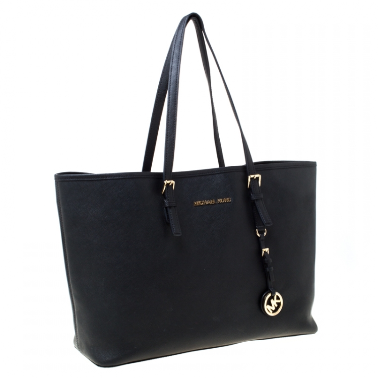 Pre Owned Michael Michael Kors Black Saffiano Leather Jet Set Travel Tote