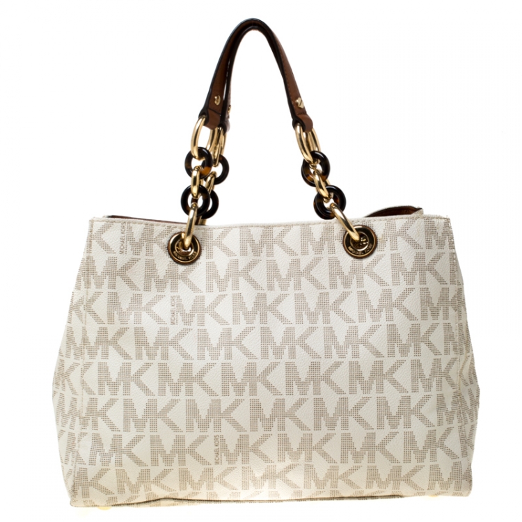 Pre Owned MICHAEL Michael Kors Off White/Brown Signature Coated Canvas Cynthia Tote