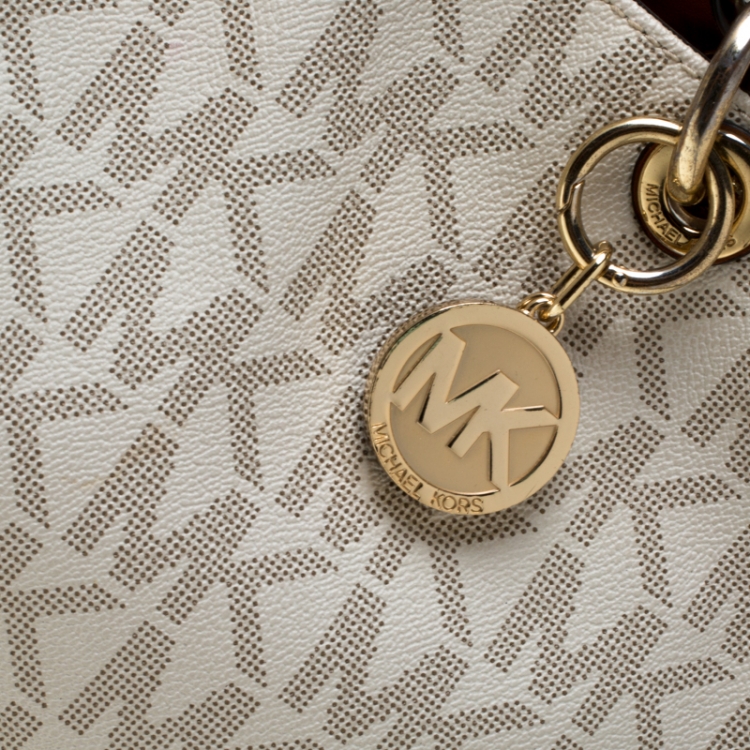 Pre Owned MICHAEL Michael Kors Off White/Brown Signature Coated Canvas Cynthia Tote