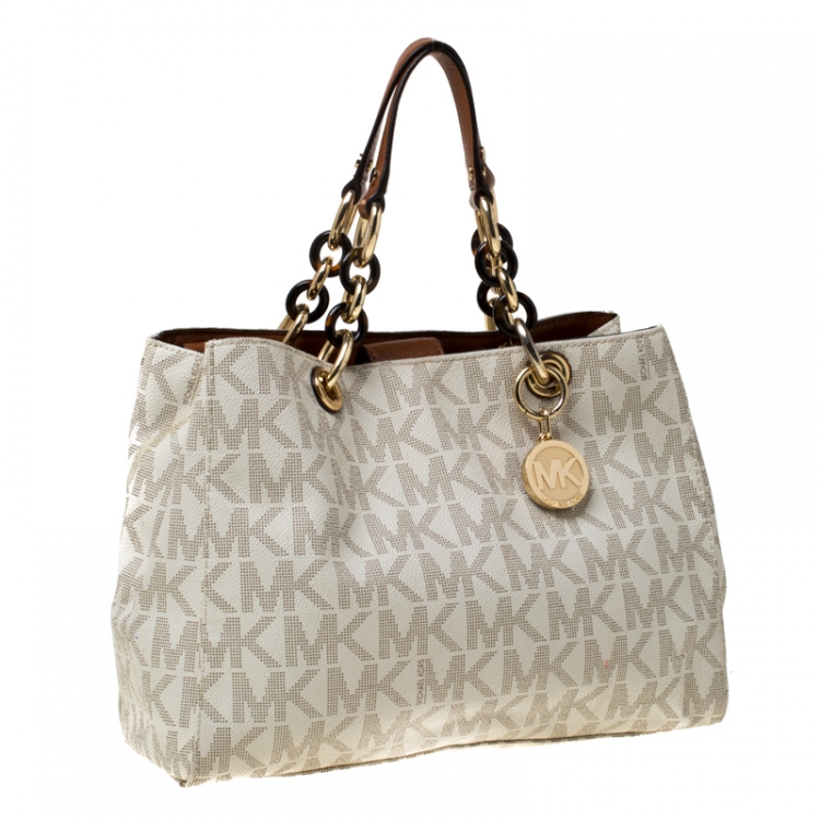 Pre Owned MICHAEL Michael Kors Off White/Brown Signature Coated Canvas Cynthia Tote