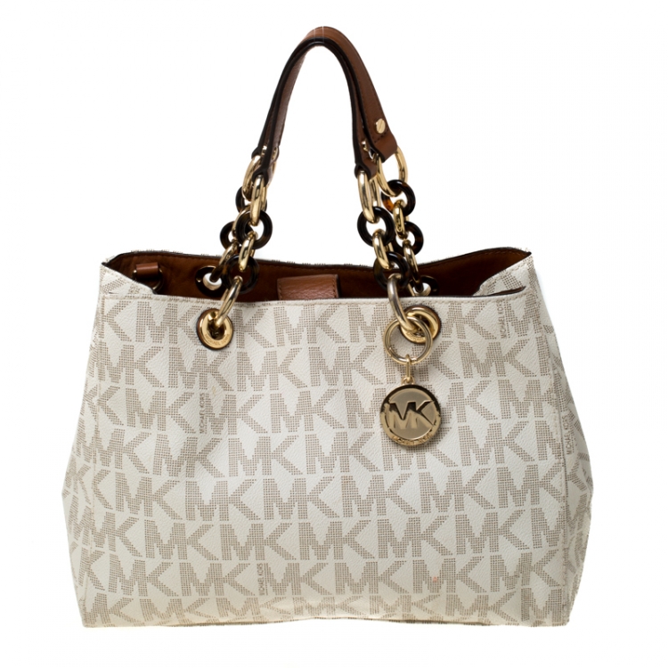 MICHAEL Michael Kors Off White/Brown Signature Coated Canvas Cynthia ...