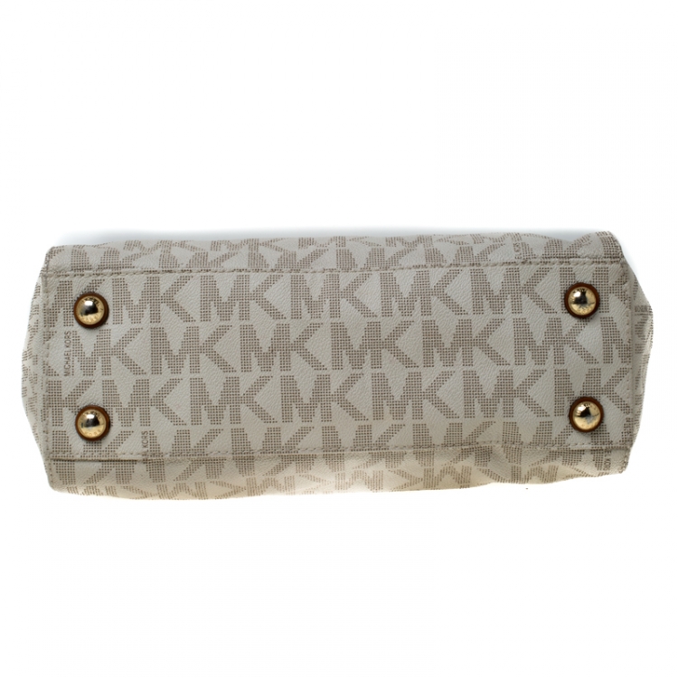 Pre Owned MICHAEL Michael Kors Off White/Brown Signature Coated Canvas Cynthia Tote