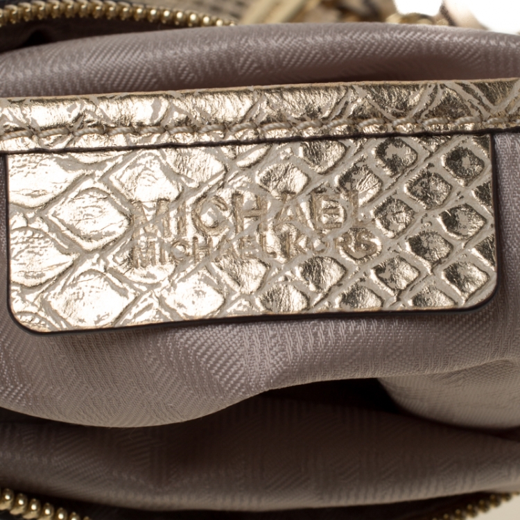 Pre Owned Michael Michael Kors Metallic Gold Python Embossed Leather Foldover Crossbody Bag