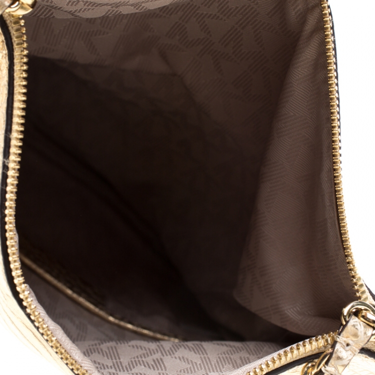 Pre Owned Michael Michael Kors Metallic Gold Python Embossed Leather Foldover Crossbody Bag