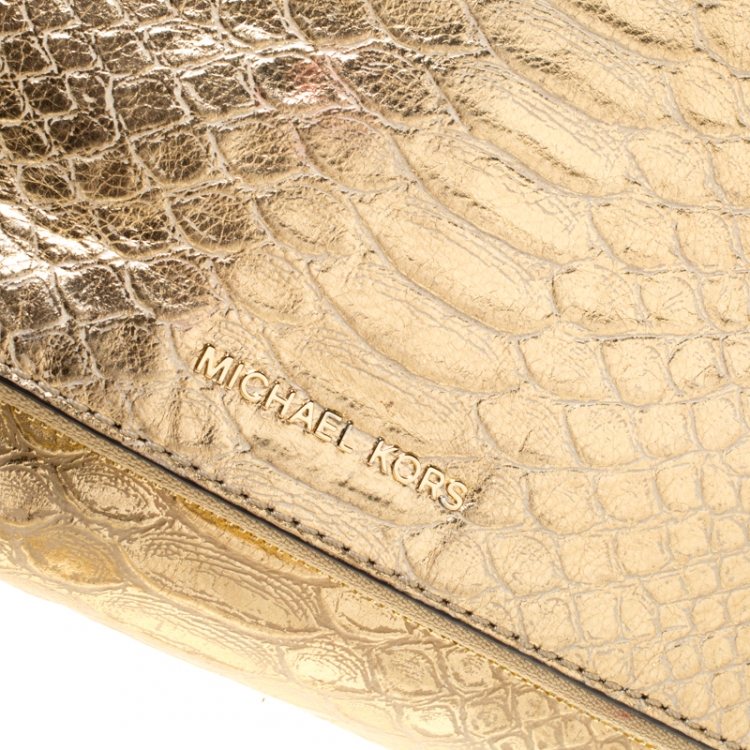 Pre Owned Michael Michael Kors Metallic Gold Python Embossed Leather Foldover Crossbody Bag