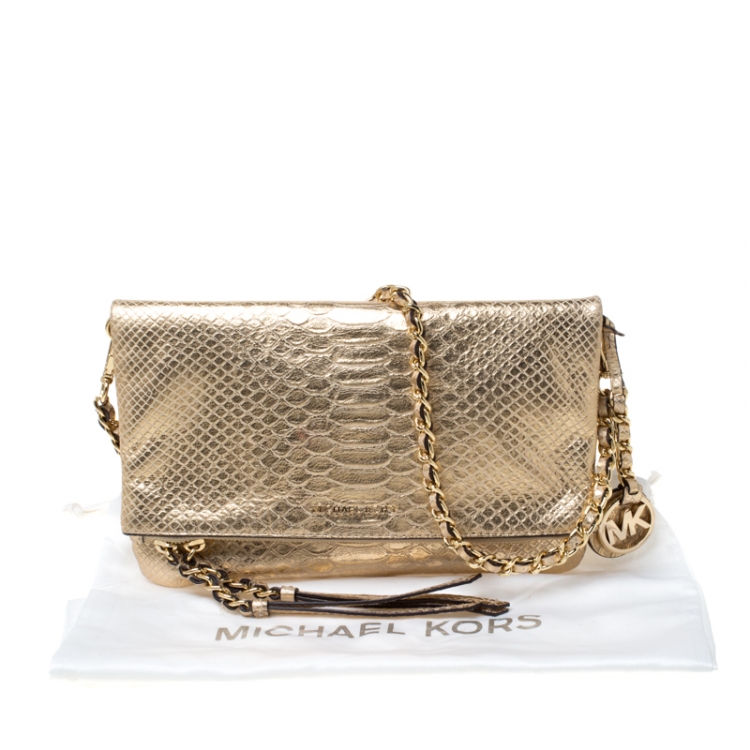 Pre Owned Michael Michael Kors Metallic Gold Python Embossed Leather Foldover Crossbody Bag