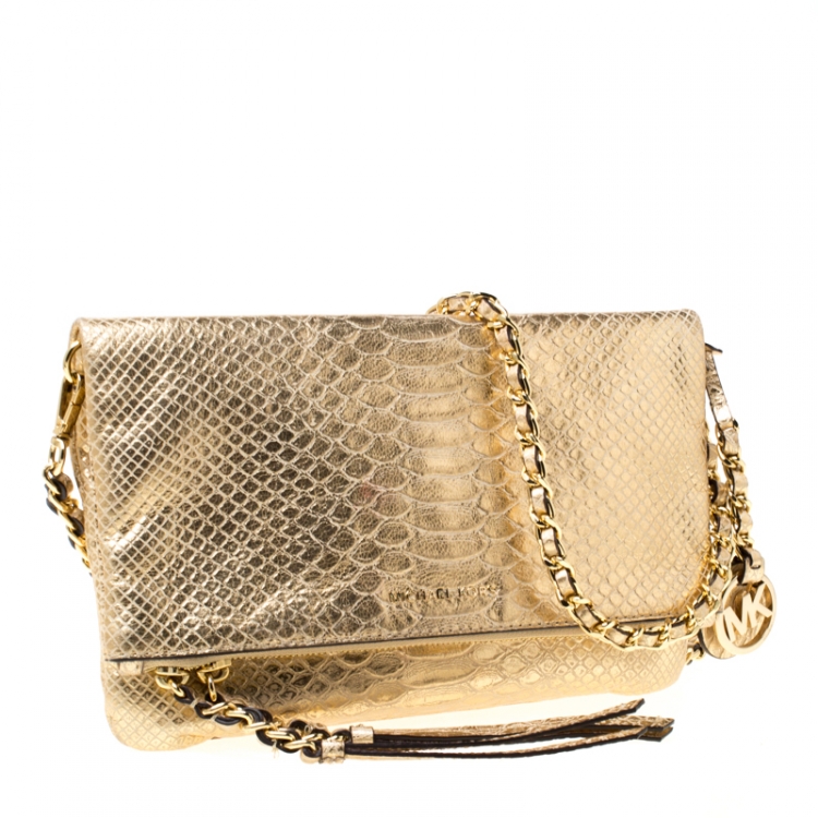 Pre Owned Michael Michael Kors Metallic Gold Python Embossed Leather Foldover Crossbody Bag