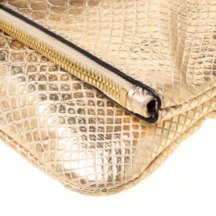 Pre Owned Michael Michael Kors Metallic Gold Python Embossed Leather Foldover Crossbody Bag