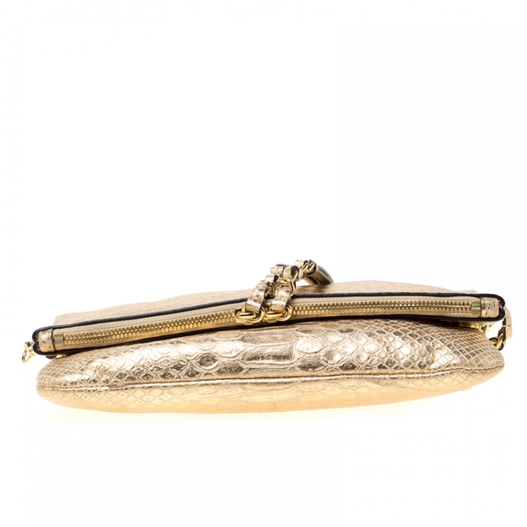 Pre Owned Michael Michael Kors Metallic Gold Python Embossed Leather Foldover Crossbody Bag
