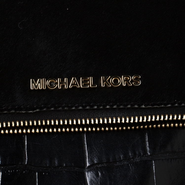 Pre Owned Michael Michael Kors Black Calfhair and Croc Embossed Leather Foldover Crossbody Bag