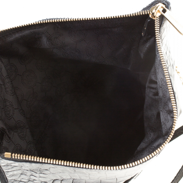Pre Owned Michael Michael Kors Black Calfhair and Croc Embossed Leather Foldover Crossbody Bag