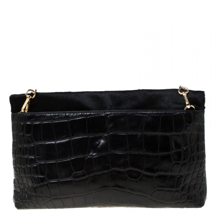 Pre Owned Michael Michael Kors Black Calfhair and Croc Embossed Leather Foldover Crossbody Bag