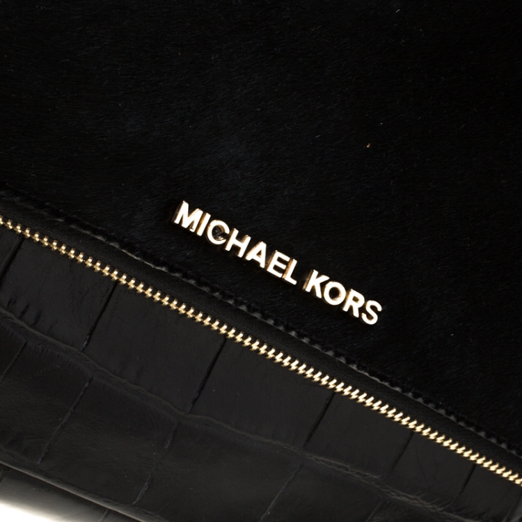 Pre Owned Michael Michael Kors Black Calfhair and Croc Embossed Leather Foldover Crossbody Bag