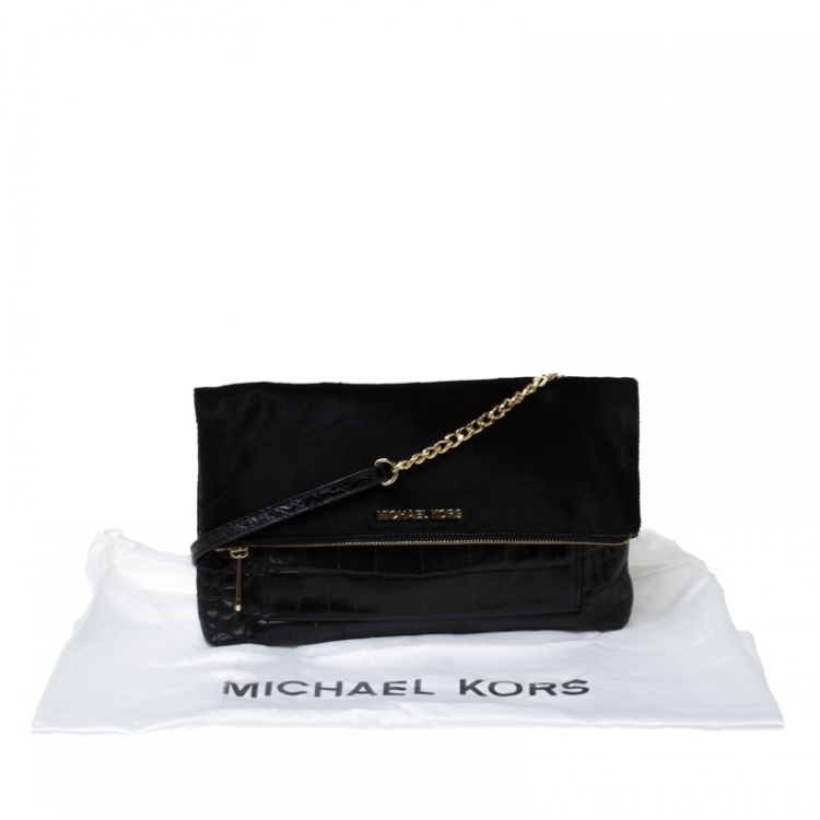 Pre Owned Michael Michael Kors Black Calfhair and Croc Embossed Leather Foldover Crossbody Bag
