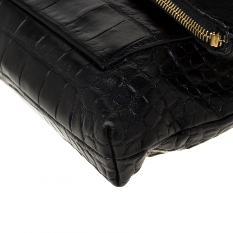 Pre Owned Michael Michael Kors Black Calfhair and Croc Embossed Leather Foldover Crossbody Bag