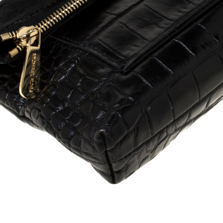 Pre Owned Michael Michael Kors Black Calfhair and Croc Embossed Leather Foldover Crossbody Bag