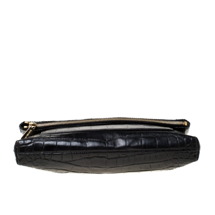 Pre Owned Michael Michael Kors Black Calfhair and Croc Embossed Leather Foldover Crossbody Bag