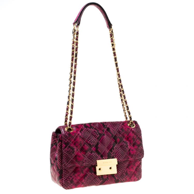 Pre Owned Michael Kors Pink Python Embossed Leather Sloan Shoulder Flap Bag