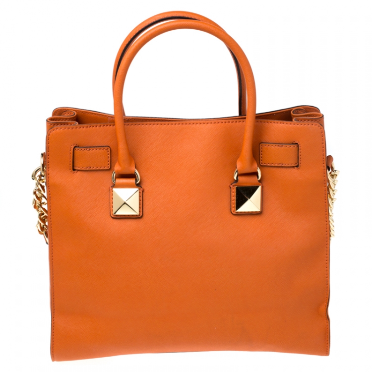 Pre Owned MICHAEL Michael Kors Orange Leather Large Studded Hamilton Tote
