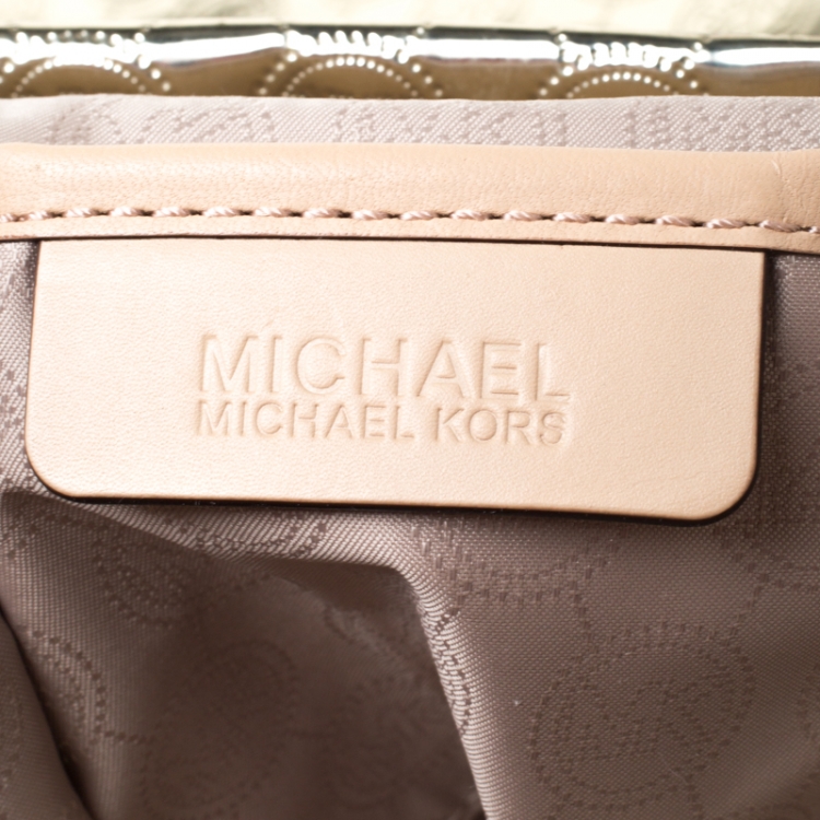 Pre Owned Michael Michael Kors Gold Monogram Patent Leather Jet Set North South Tote