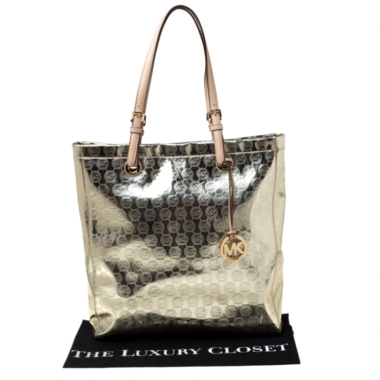 Pre Owned Michael Michael Kors Gold Monogram Patent Leather Jet Set North South Tote