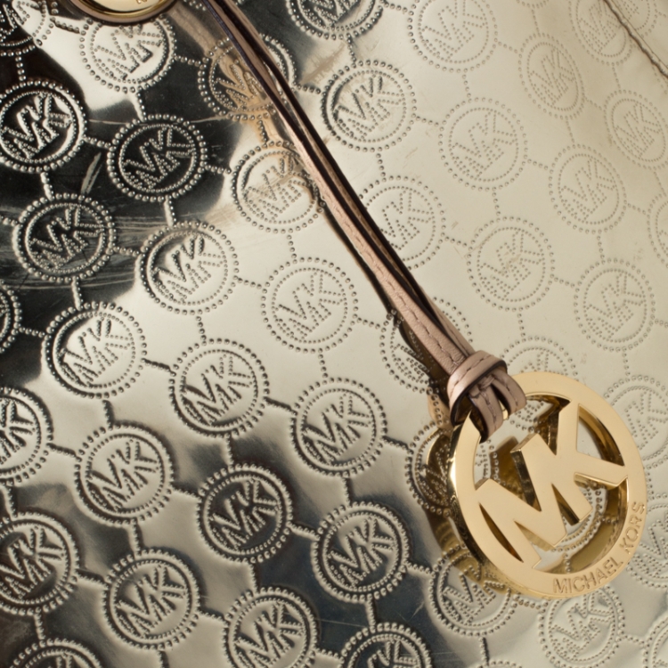 Pre Owned Michael Michael Kors Gold Monogram Patent Leather Jet Set North South Tote