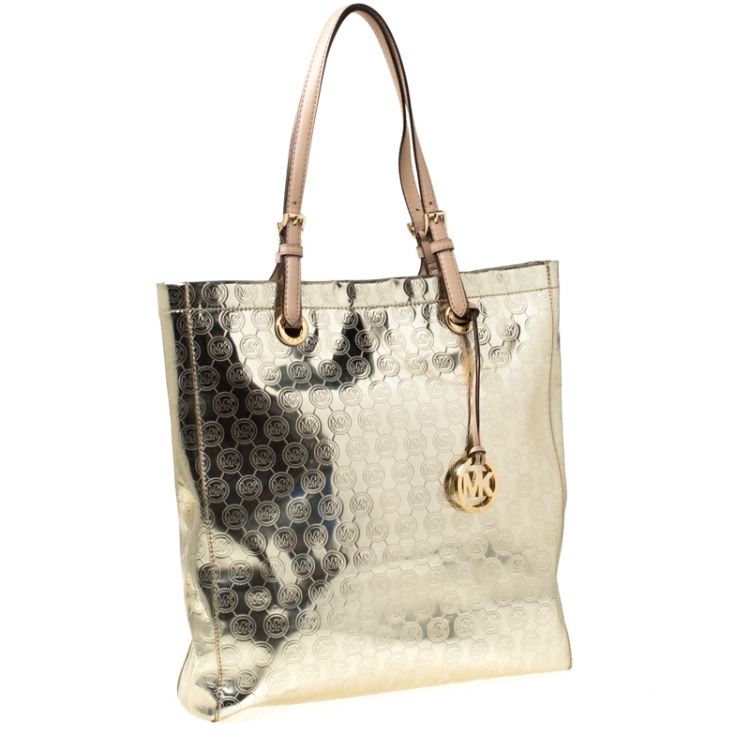 Pre Owned Michael Michael Kors Gold Monogram Patent Leather Jet Set North South Tote
