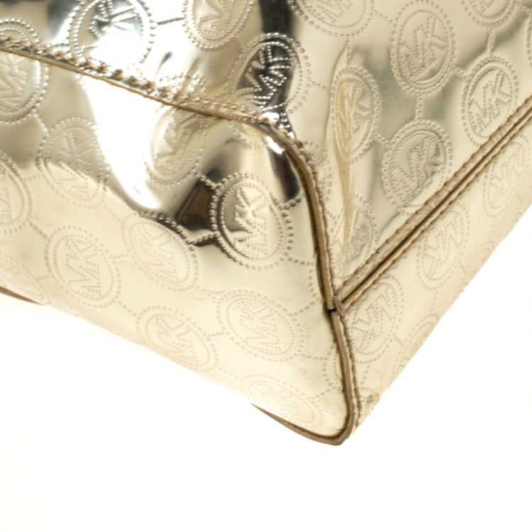 Pre Owned Michael Michael Kors Gold Monogram Patent Leather Jet Set North South Tote