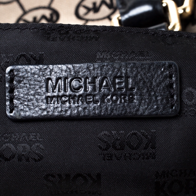 Pre Owned MICHAEL Michael Kors Beige/Black Monogram Canvas and Leather Bedford Satchel