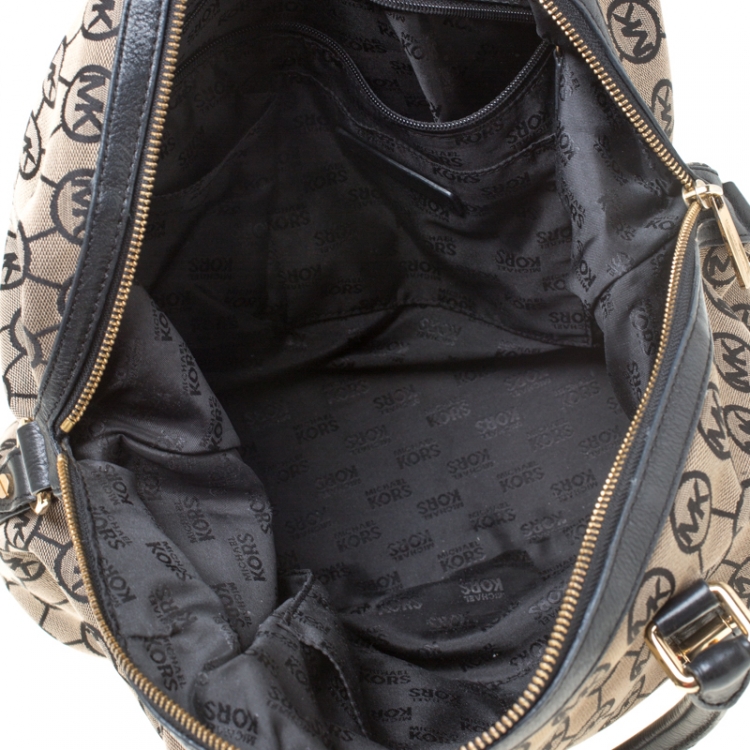 Pre Owned MICHAEL Michael Kors Beige/Black Monogram Canvas and Leather Bedford Satchel