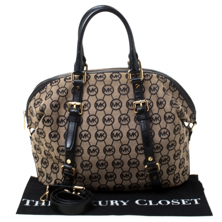 Pre Owned MICHAEL Michael Kors Beige/Black Monogram Canvas and Leather Bedford Satchel