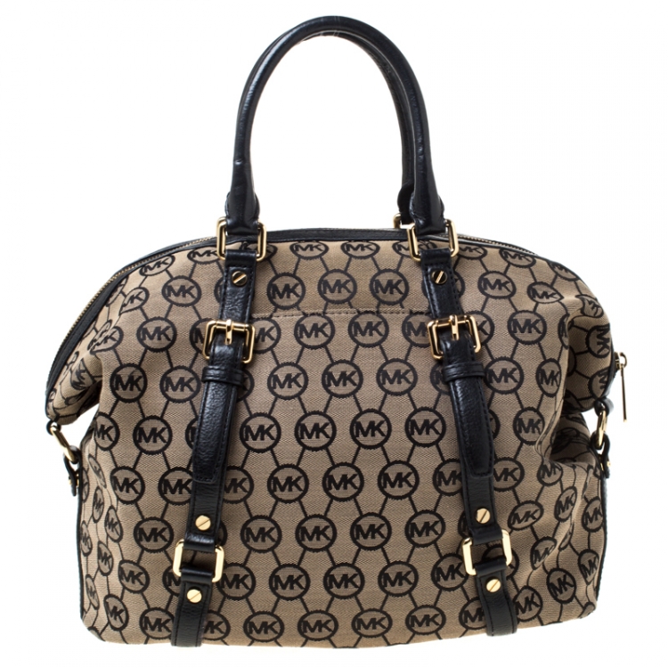 Pre Owned MICHAEL Michael Kors Beige/Black Monogram Canvas and Leather Bedford Satchel