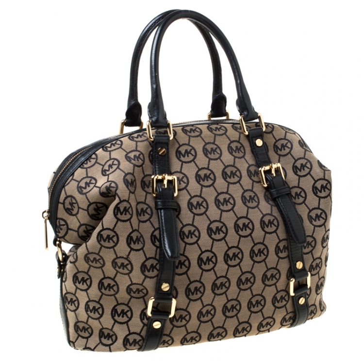 Pre Owned MICHAEL Michael Kors Beige/Black Monogram Canvas and Leather Bedford Satchel