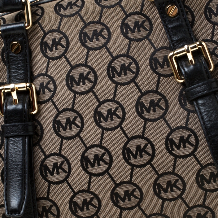Pre Owned MICHAEL Michael Kors Beige/Black Monogram Canvas and Leather Bedford Satchel