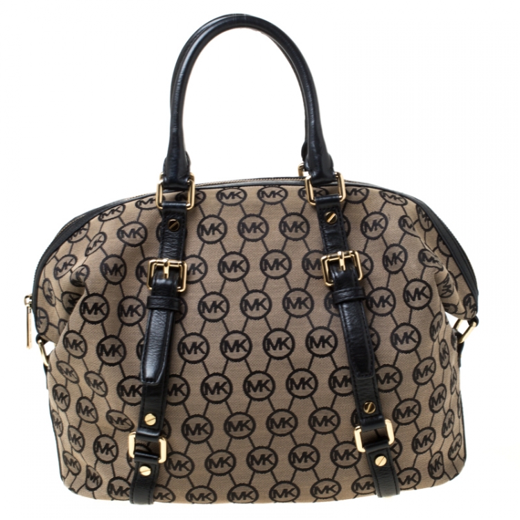 Pre Owned MICHAEL Michael Kors Beige/Black Monogram Canvas and Leather Bedford Satchel