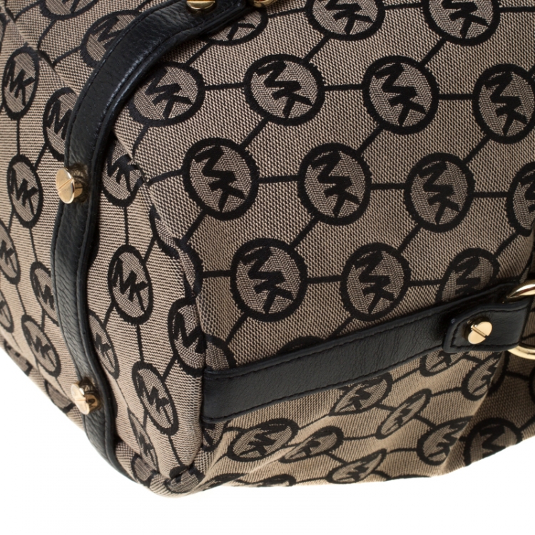 Pre Owned MICHAEL Michael Kors Beige/Black Monogram Canvas and Leather Bedford Satchel