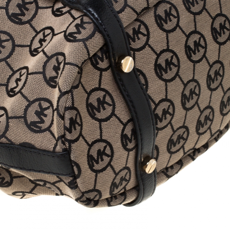 Pre Owned MICHAEL Michael Kors Beige/Black Monogram Canvas and Leather Bedford Satchel