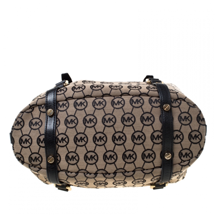 Pre Owned MICHAEL Michael Kors Beige/Black Monogram Canvas and Leather Bedford Satchel