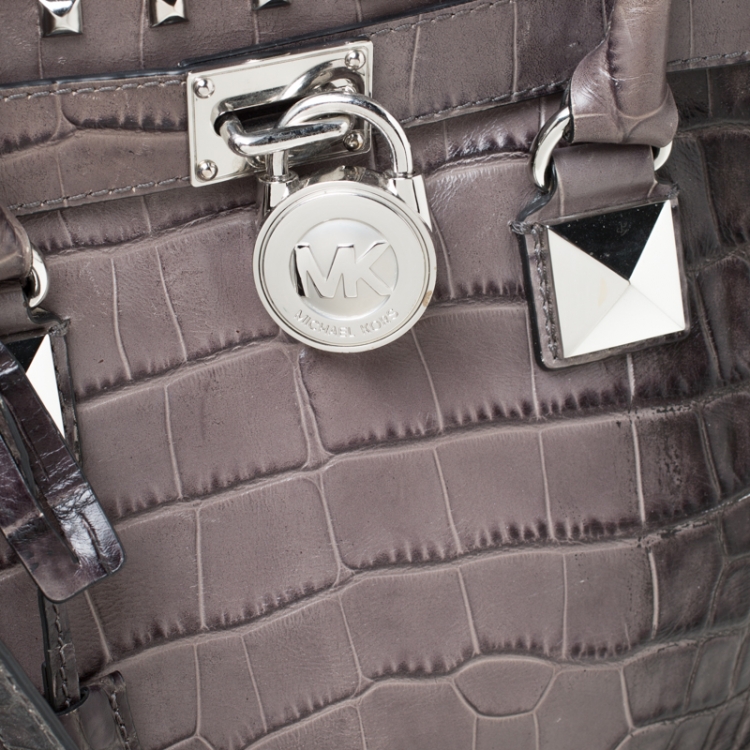 Pre Owned Michael Kors Grey/Black Croc Embossed Studded Hamilton Tote