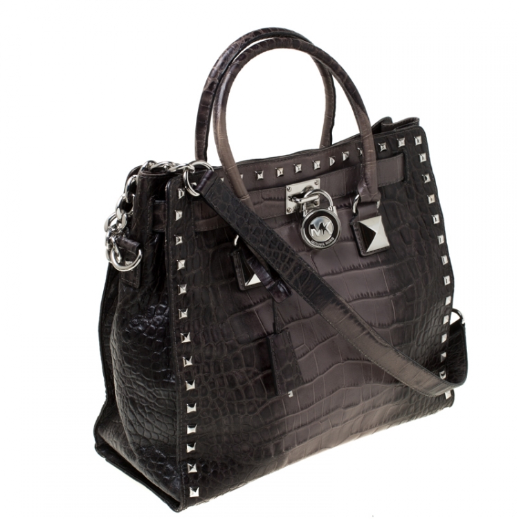 Pre Owned Michael Kors Grey/Black Croc Embossed Studded Hamilton Tote