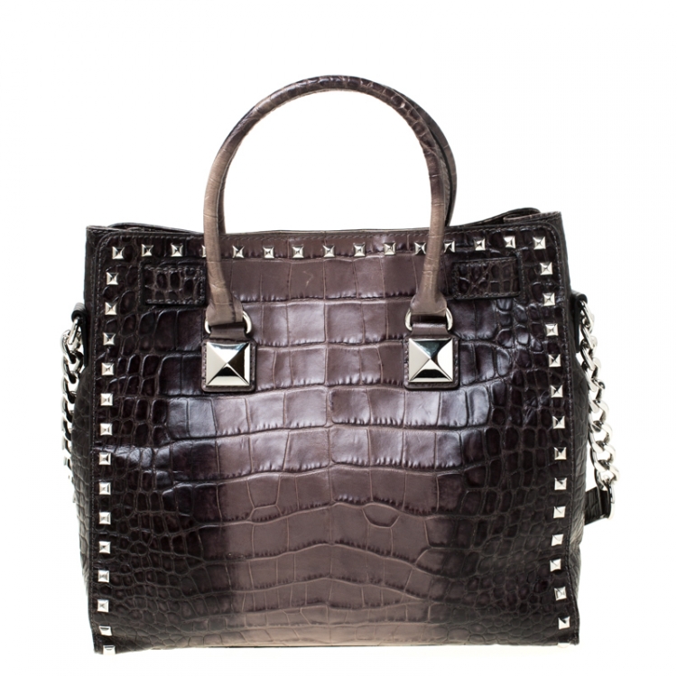 Pre Owned Michael Kors Grey/Black Croc Embossed Studded Hamilton Tote