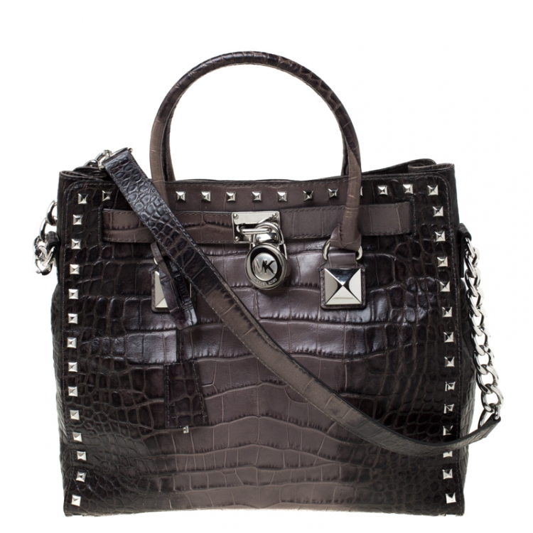 Pre Owned Michael Kors Grey/Black Croc Embossed Studded Hamilton Tote