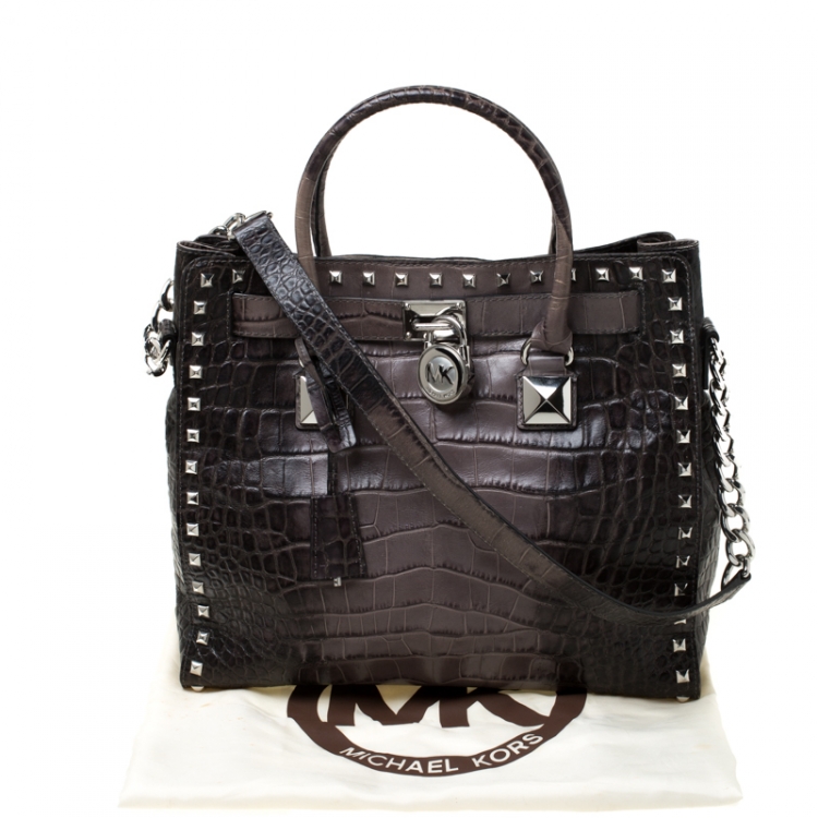 Pre Owned Michael Kors Grey/Black Croc Embossed Studded Hamilton Tote