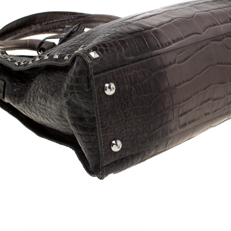 Pre Owned Michael Kors Grey/Black Croc Embossed Studded Hamilton Tote