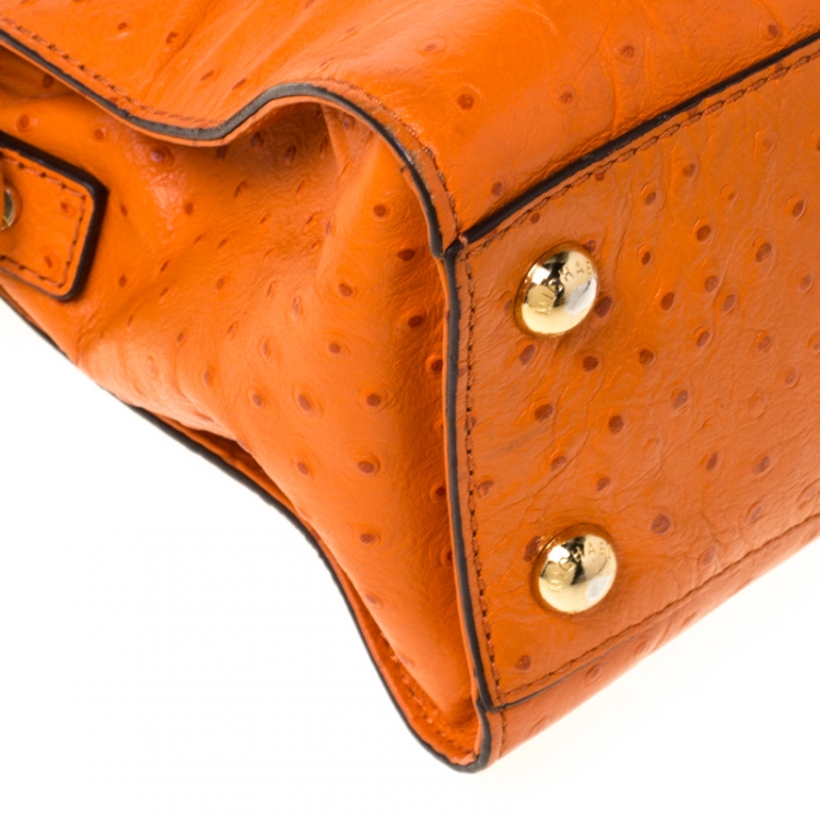 Pre Owned MICHAEL Michael Kors Orange Ostrich Embossed Leather Medium Hamilton Tote