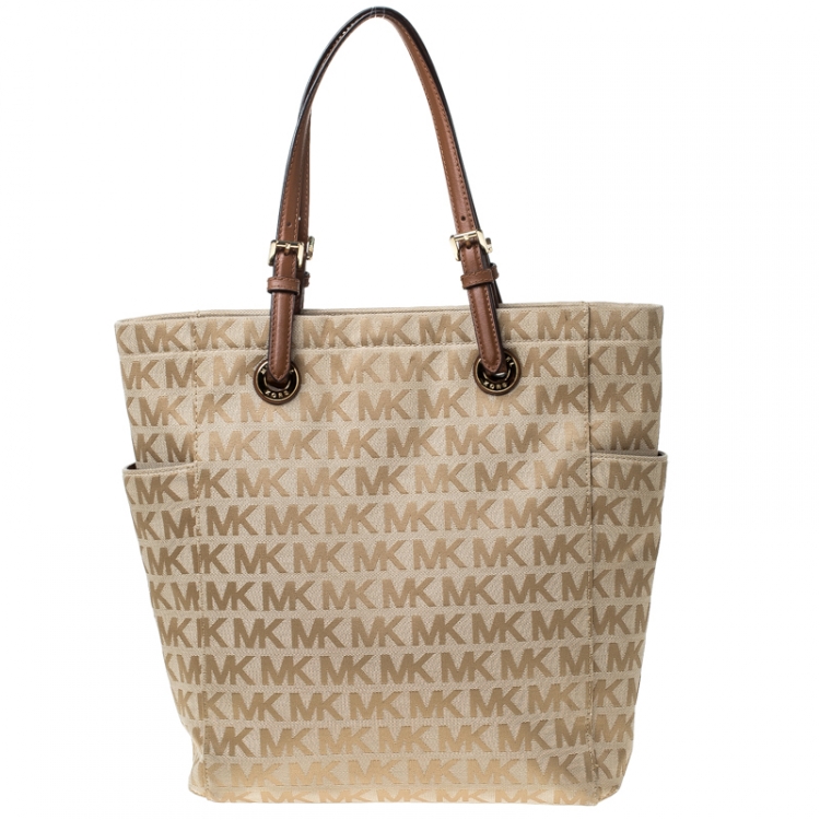 Pre Owned MICHAEL Michael Kors Beige/Brown Signature Canvas Large Jet Set Tote