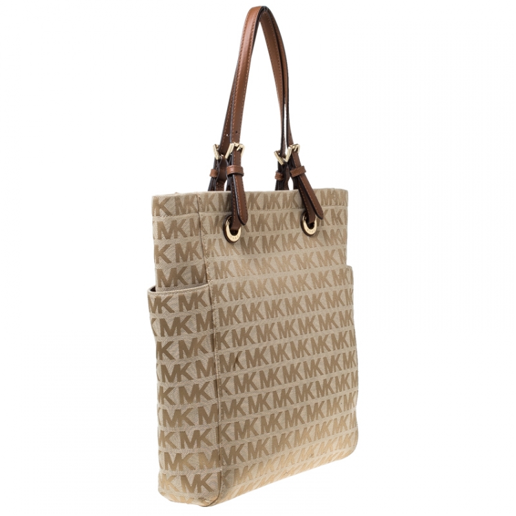 Pre Owned MICHAEL Michael Kors Beige/Brown Signature Canvas Large Jet Set Tote