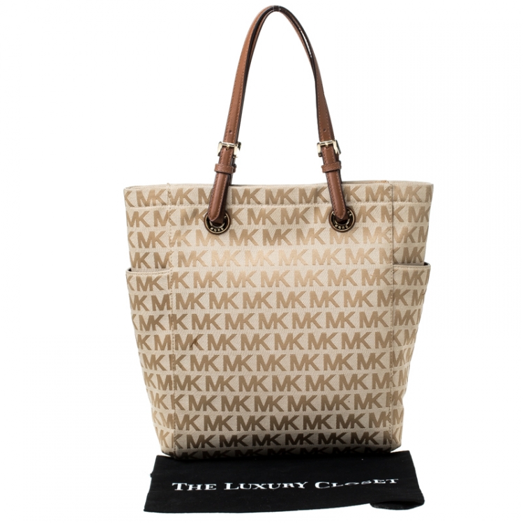 Pre Owned MICHAEL Michael Kors Beige/Brown Signature Canvas Large Jet Set Tote