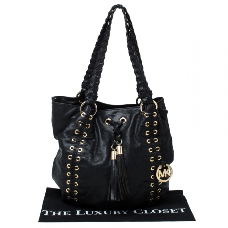 Pre Owned Michael Michael Kors Black Leather Astor Grommet Drawstring Tote
